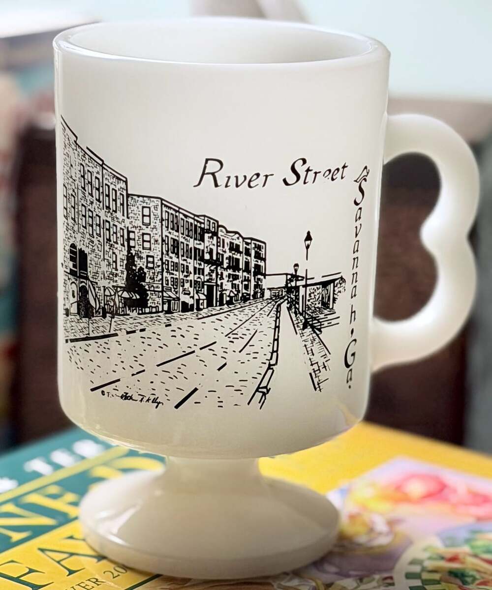 Federal Glass River Street Savannah Ga Footed Milk Glass Mug